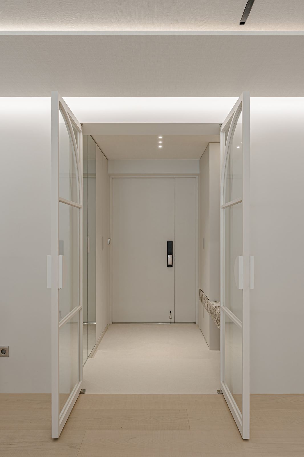 Style reference: an entry hallway with a wood-panelled closet and mirrored glass door