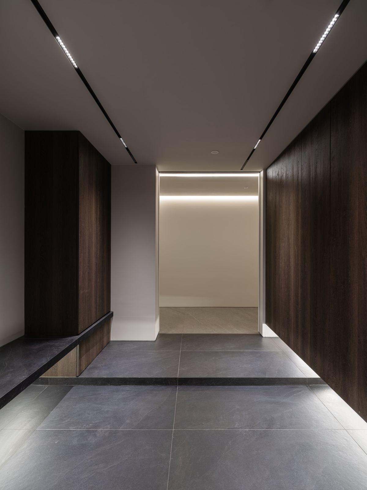 Style reference: a dark wood-panelled hallway with linear ceiling lighting