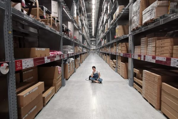 Person Sitting on Ground Between Brown Cardboard Boxes